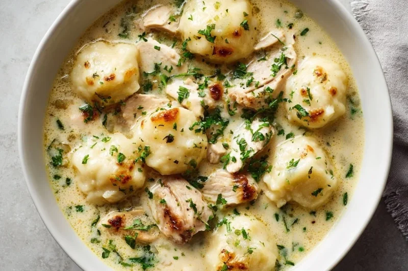 A bowl of hearty Chicken & Dumplings topped with fresh herbs.