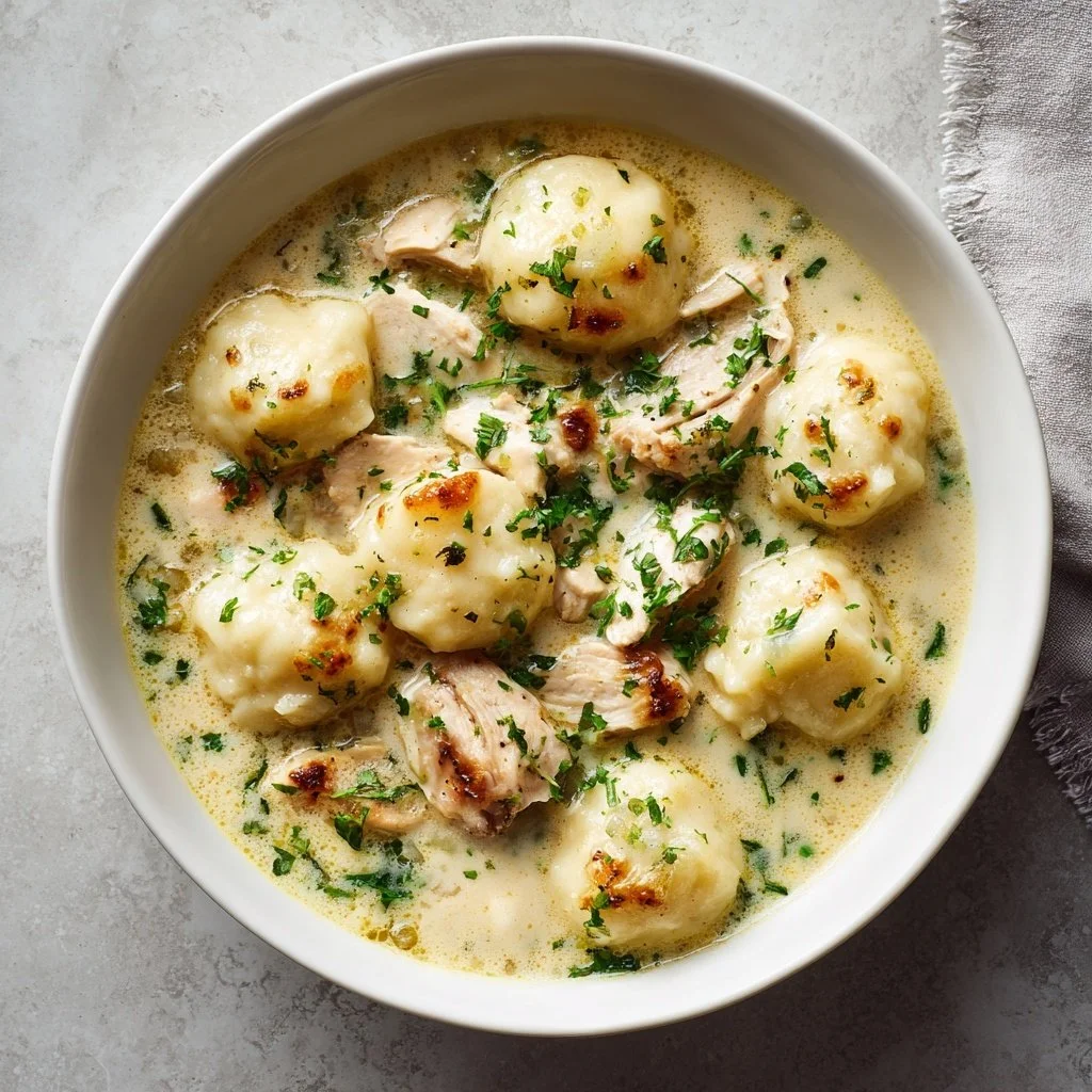 A bowl of hearty Chicken & Dumplings topped with fresh herbs.
