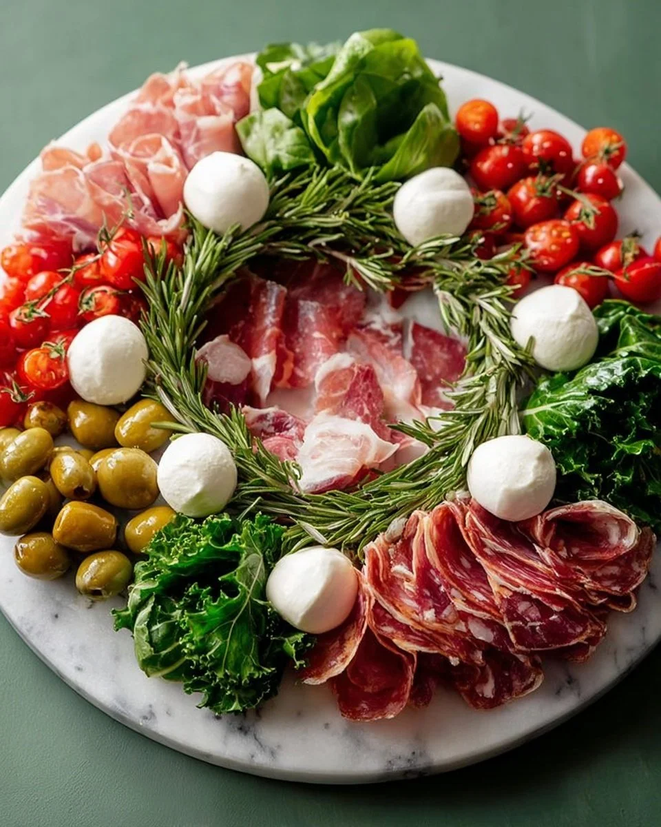 Festive Christmas charcuterie board with meats, cheeses, and seasonal treats.