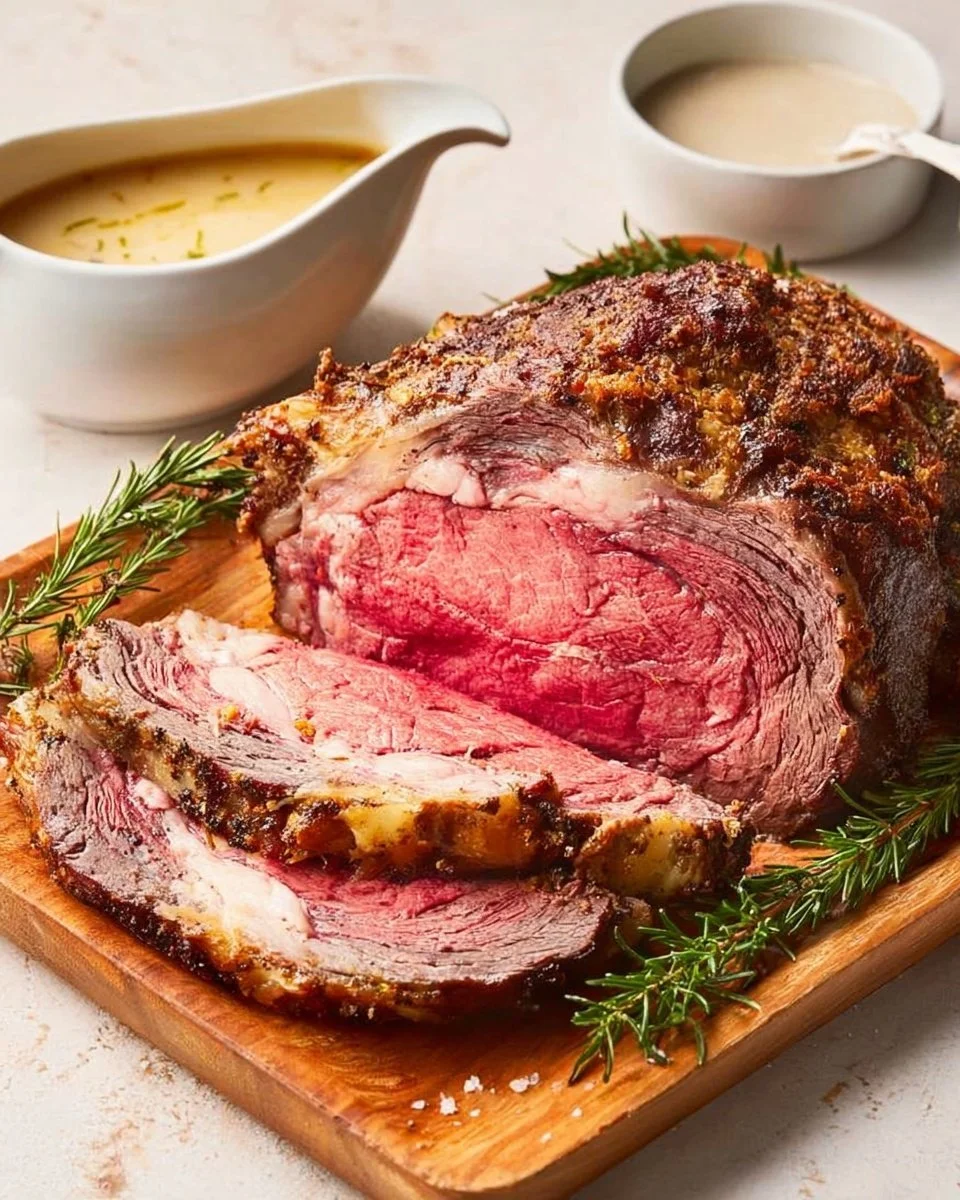 Delicious Christmas Prime Rib served with festive sides and garnished elegantly.