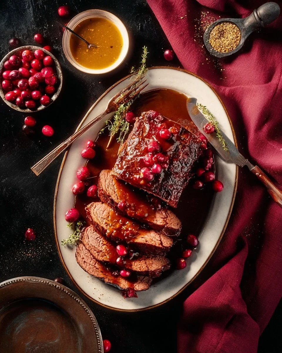 Delicious Christmas roast beef served with festive sides on a holiday table.