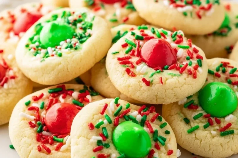 Delicious Christmas thumbprint cookies topped with colorful jam.