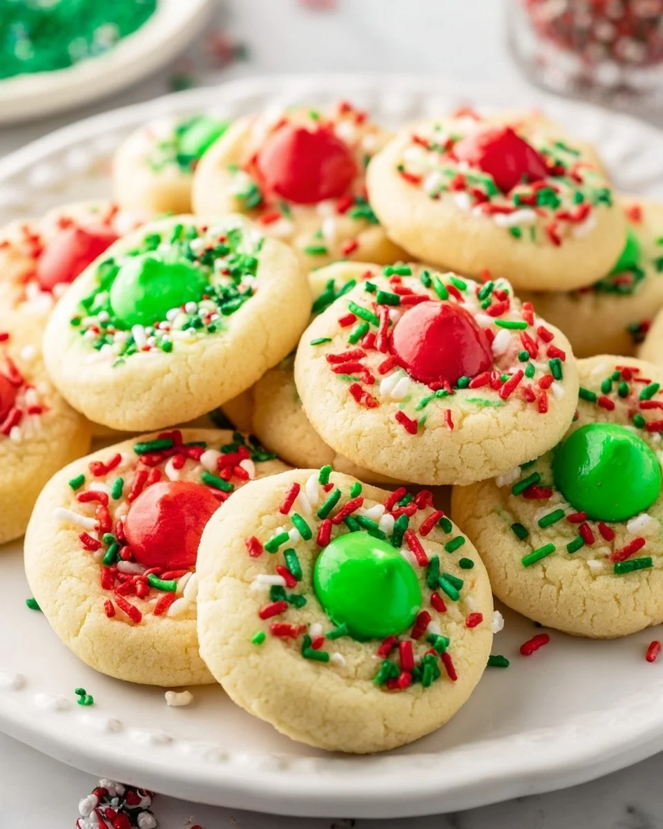Delicious Christmas thumbprint cookies topped with colorful jam.