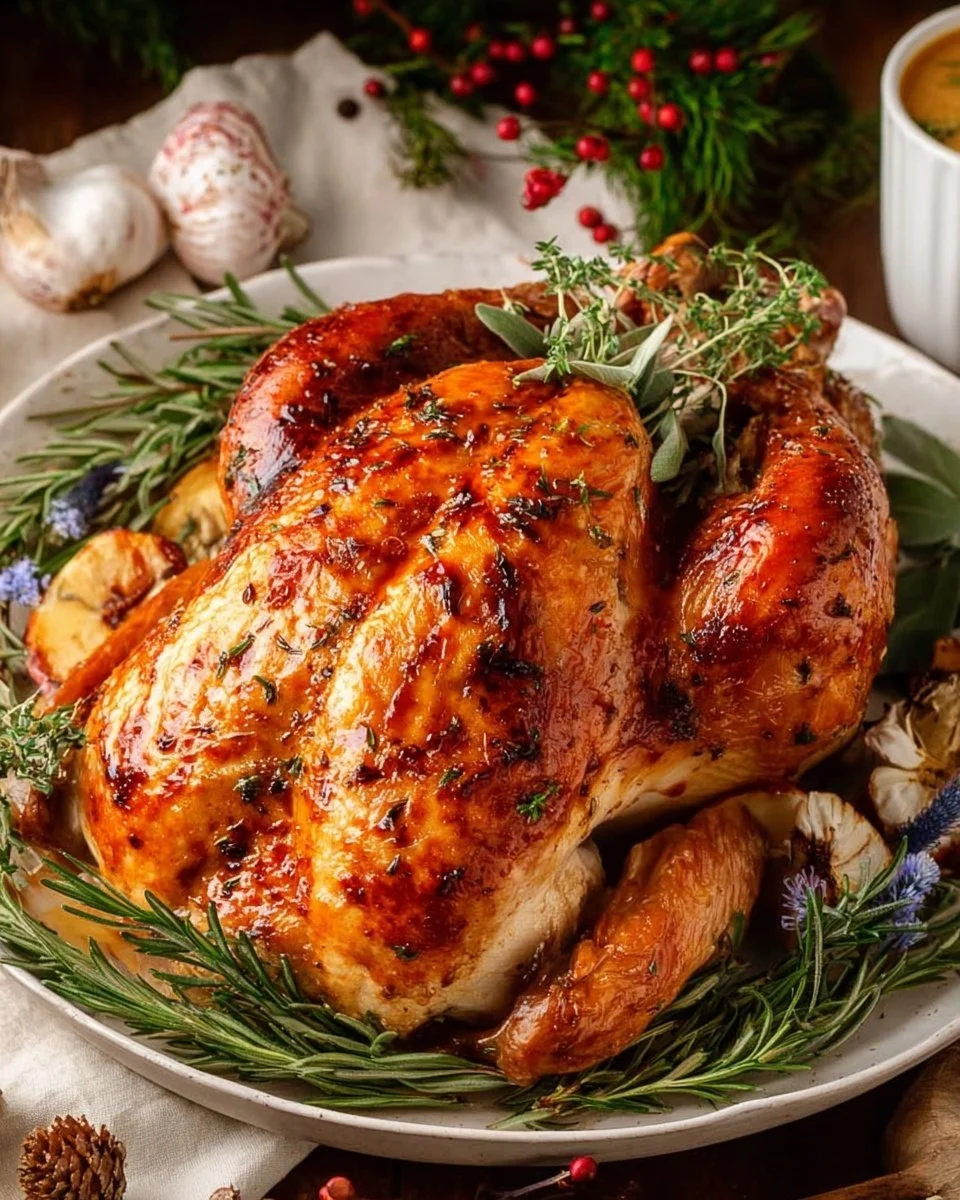 A beautifully roasted Christmas Turkey served with festive sides.