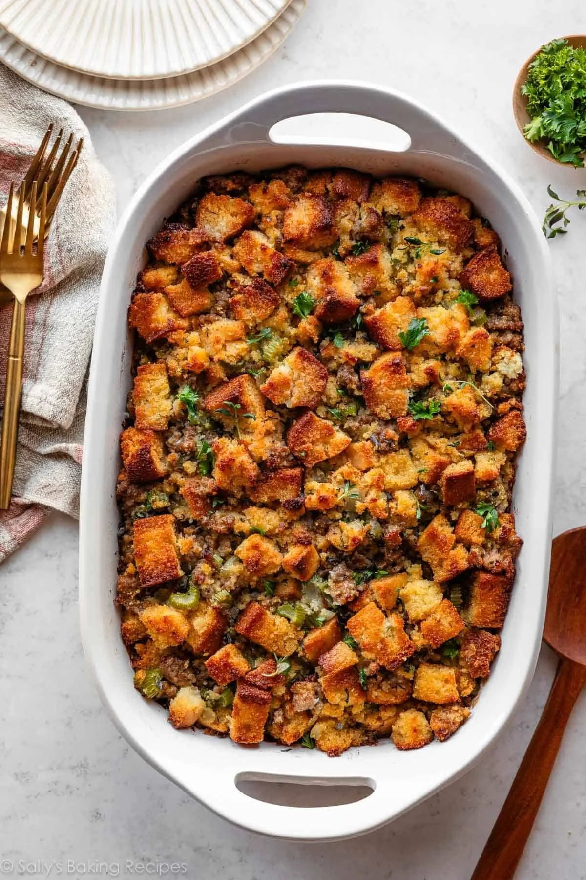 Homemade cornbread stuffing served in a rustic dish.