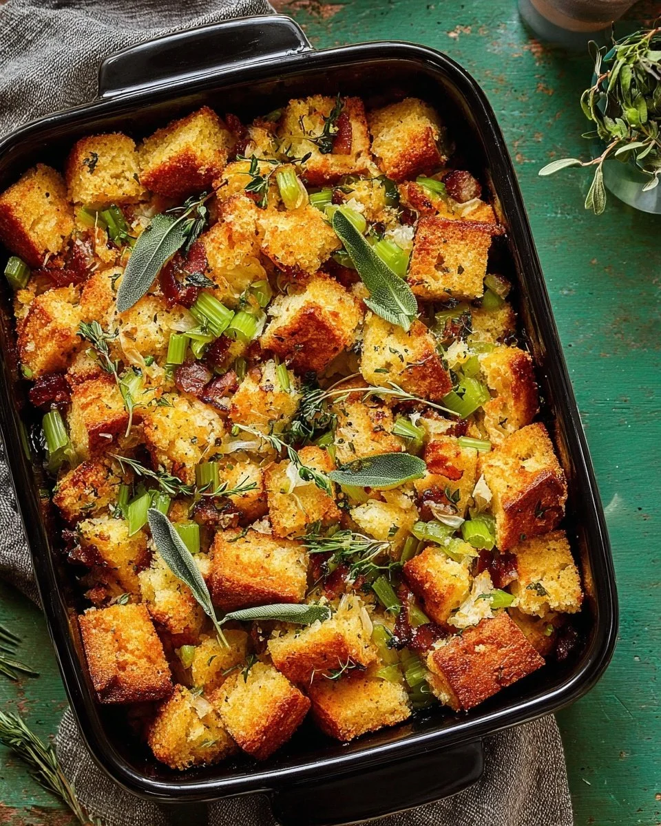 Bowl of cornbread stuffing with bacon ingredients, ready for the holiday feast