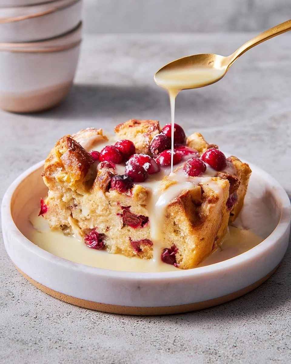 Delicious cranberry bread pudding served in a warm dish.