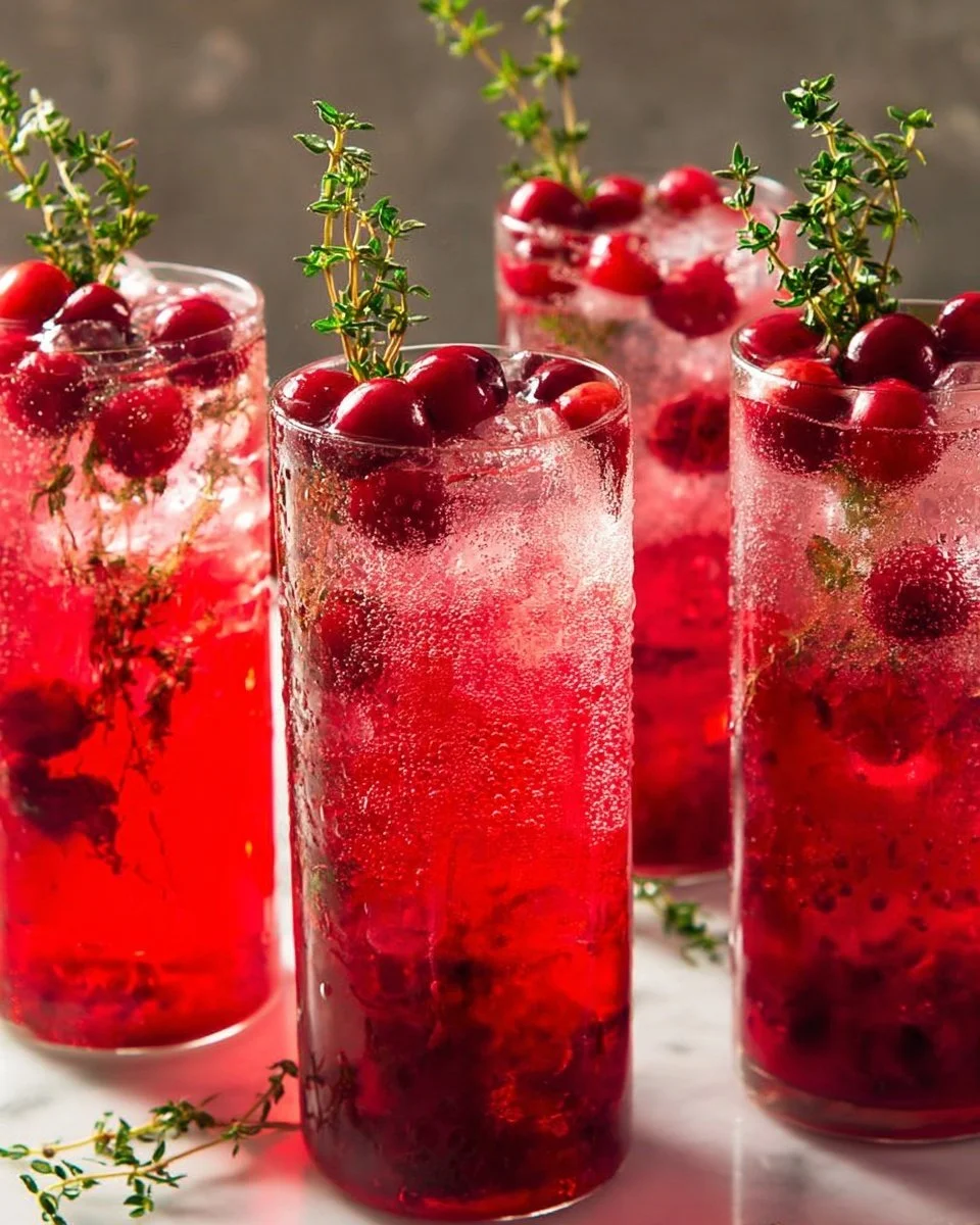 Cranberry Collins cocktail garnished with fresh cranberries and a lemon slice