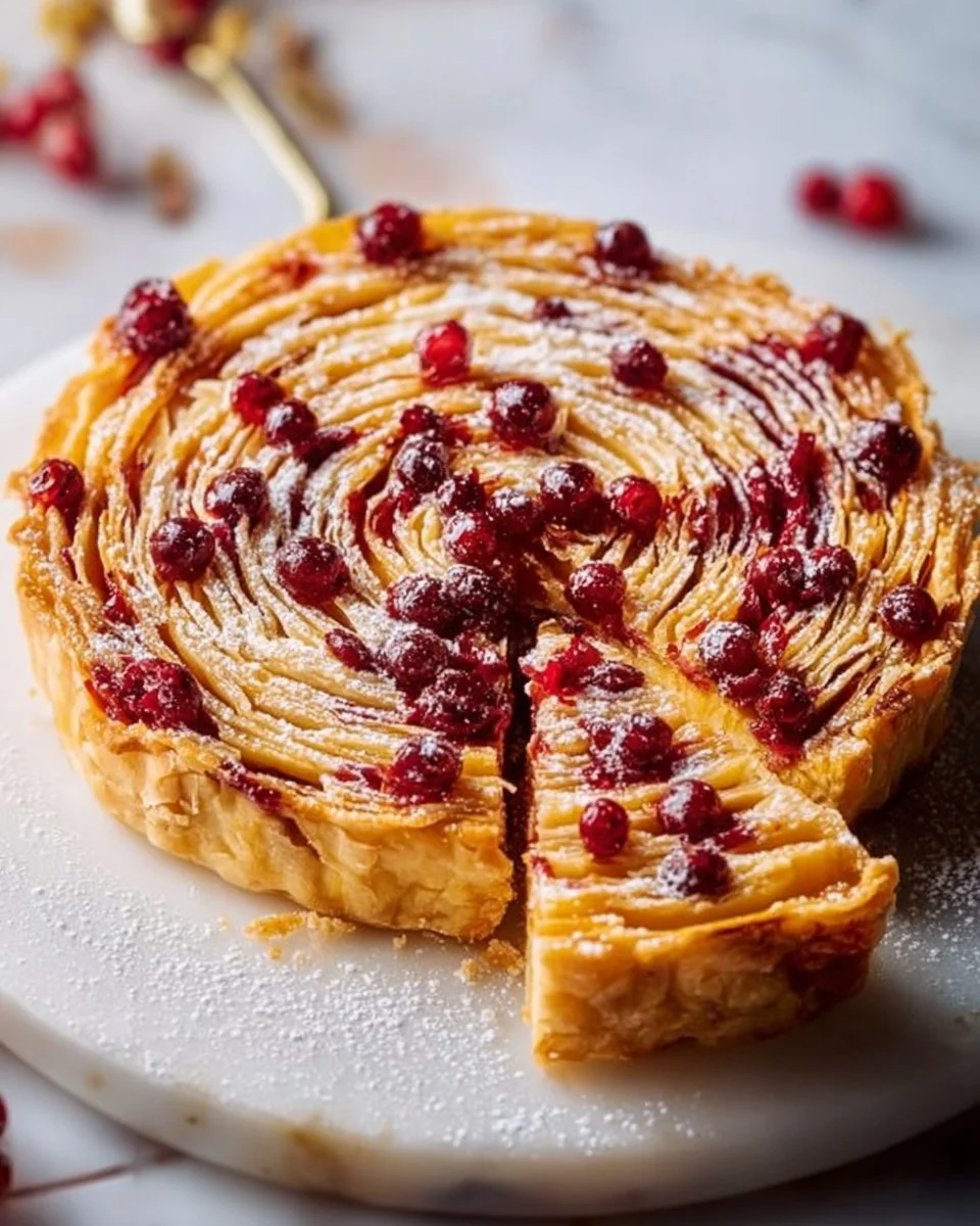 Delicious and festive Cranberry Crinkle Tart with powdered sugar topping.