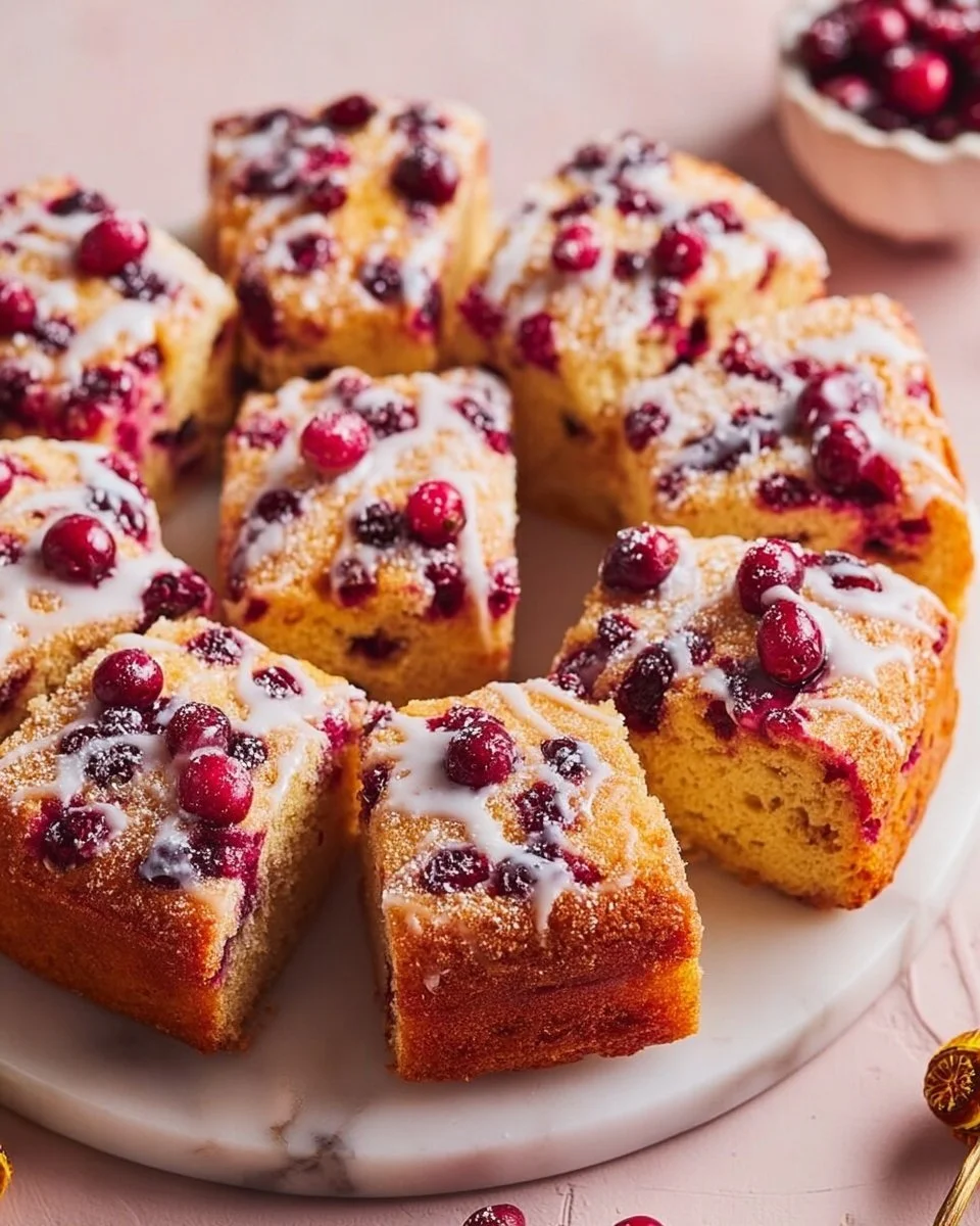 Cranberry Mimosa Breakfast Cake topped with fresh cranberries and orange slices.