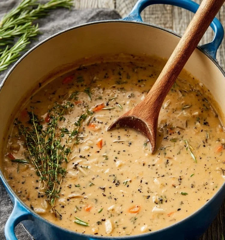 Bowl of creamy chicken wild rice soup with fresh herbs and vegetables