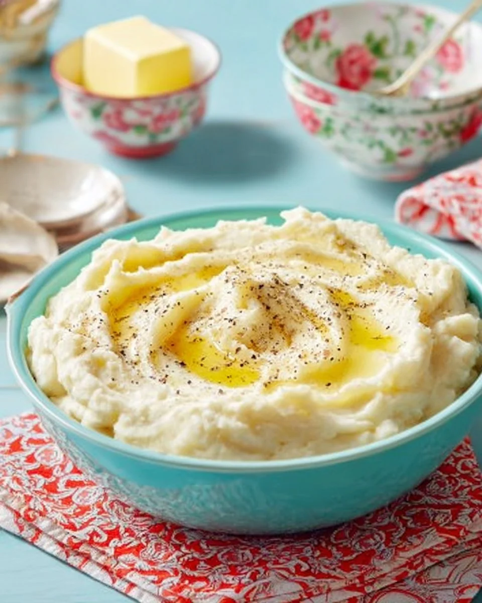 Bowl of creamy mashed potatoes topped with melted butter and herbs
