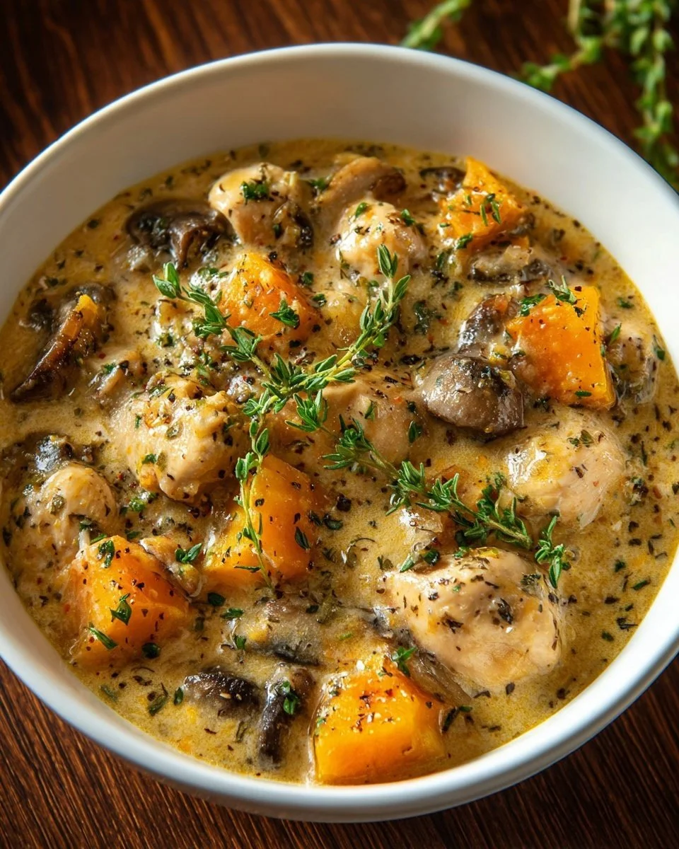 Bowl of creamy mushroom chicken soup with wild rice and herbs