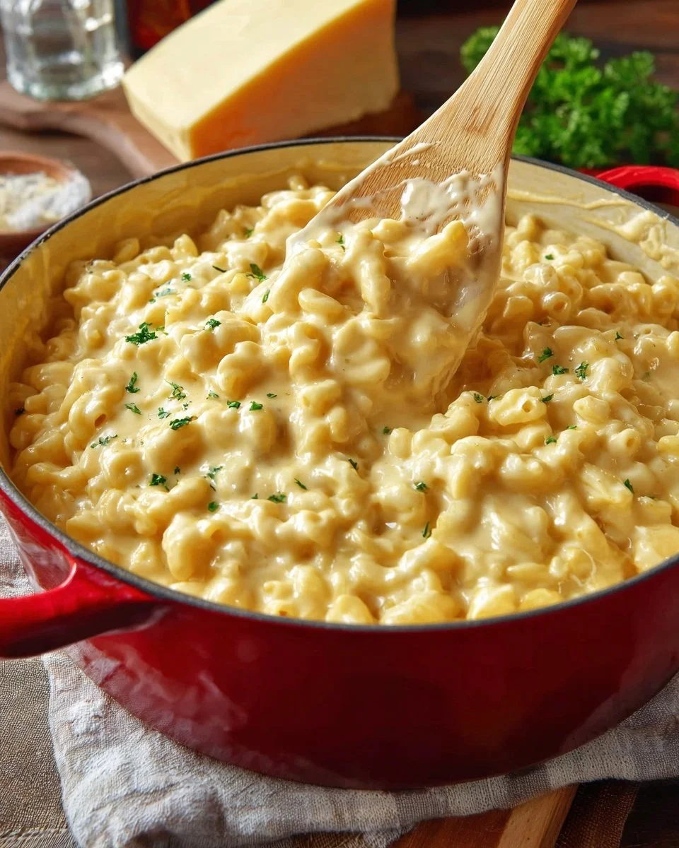 Creamy stovetop macaroni and cheese in a bowl with melting cheese on top