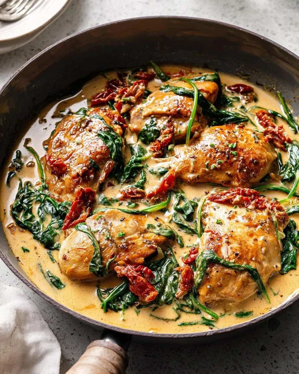 Creamy Tuscan Chicken with spinach and sun-dried tomatoes on a plate