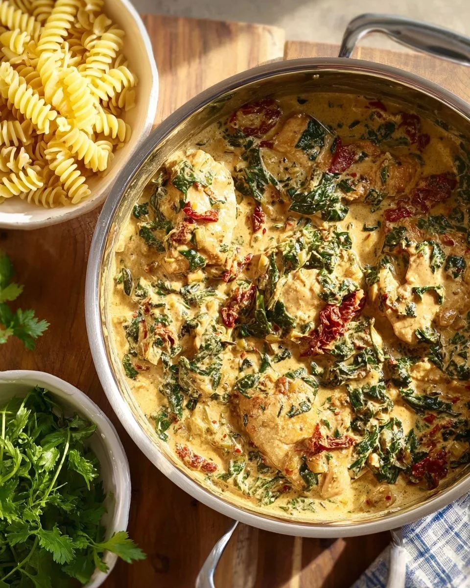 Creamy Tuscan chicken pasta with sun-dried tomatoes and spinach in a creamy sauce.