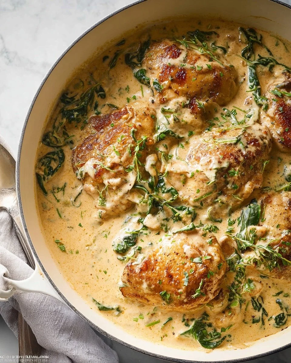 Creamy Tuscan chicken served in a bowl with herbs and pasta