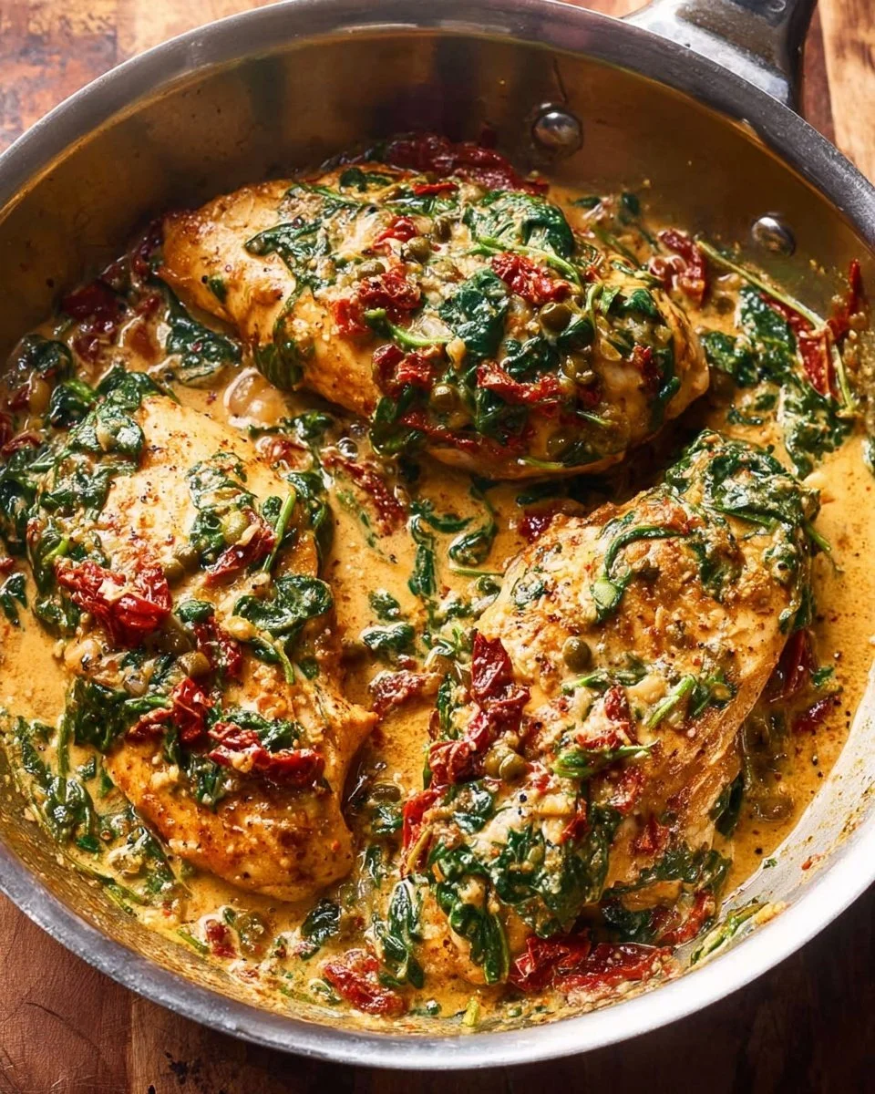 Creamy Tuscan Chicken with spinach, artichokes, and sun-dried tomatoes in a pan