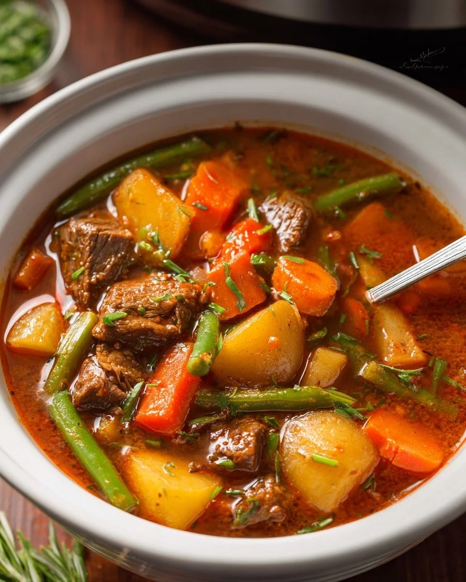 Crockpot Vegetable Beef Soup with fresh vegetables and tender beef in a bowl