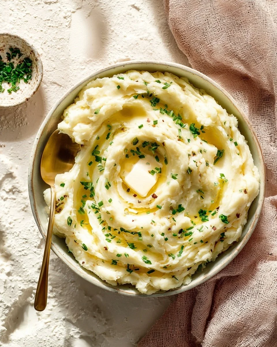 A bowl of easy creme fraiche mashed potatoes topped with fresh herbs.