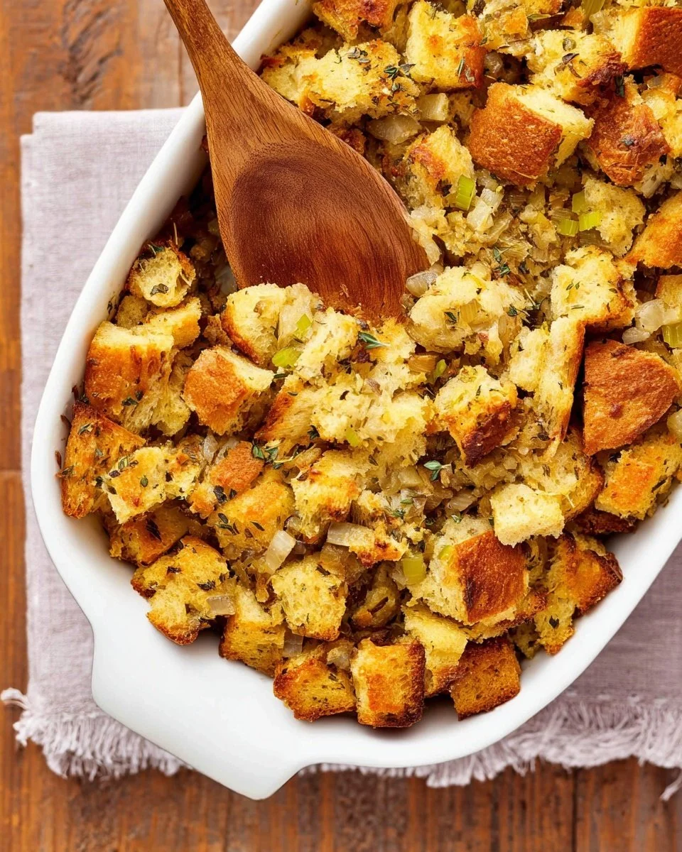 Easy stuffing recipe with herbs and bread in a bowl