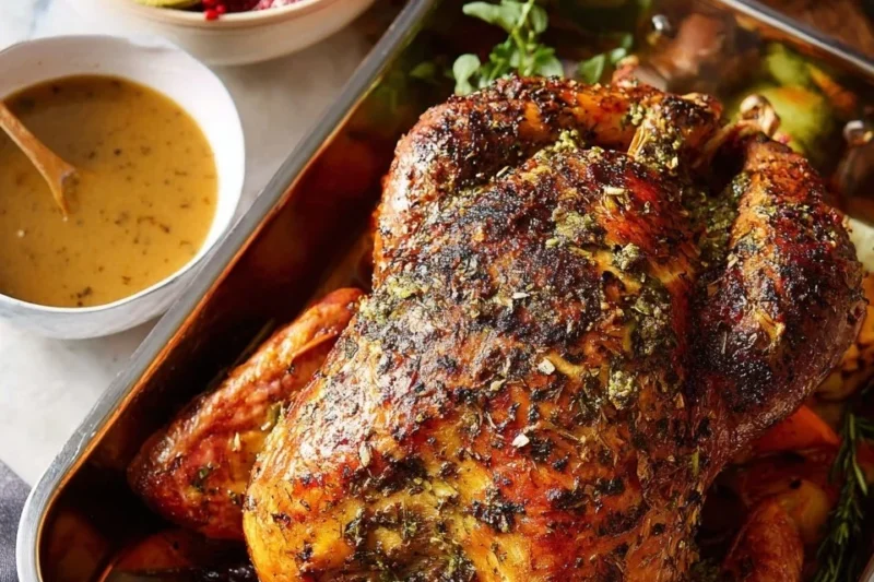 Garlic Herb Roasted Turkey garnished with fresh herbs and spices