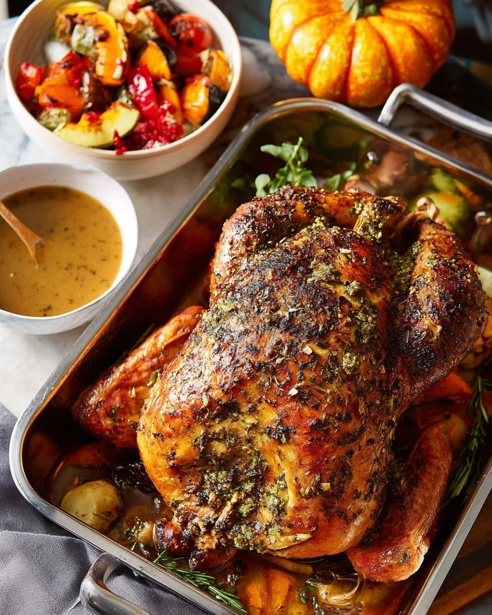 Garlic Herb Roasted Turkey garnished with fresh herbs and spices