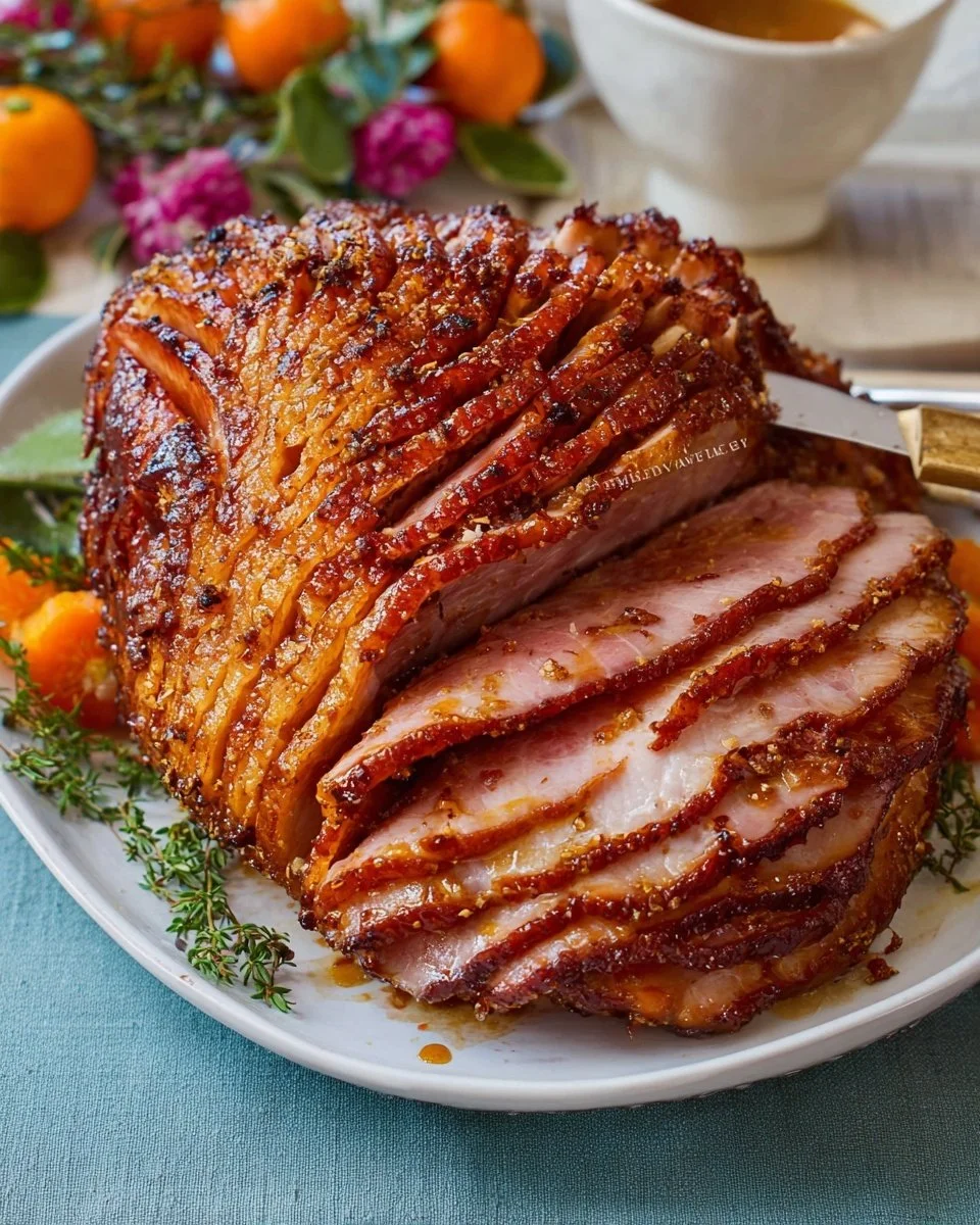 Deliciously glazed baked ham ready for serving