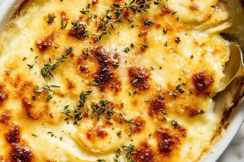 Creamy and cheesy gratin potatoes served in a baking dish