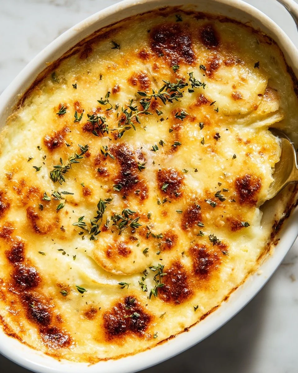 Creamy and cheesy gratin potatoes served in a baking dish