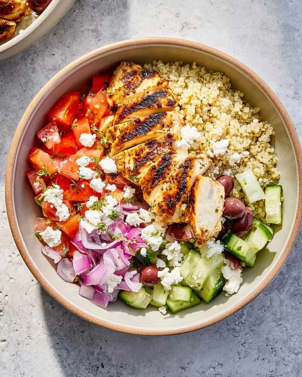 Delicious Greek Chicken Bowl with fresh vegetables and herbs