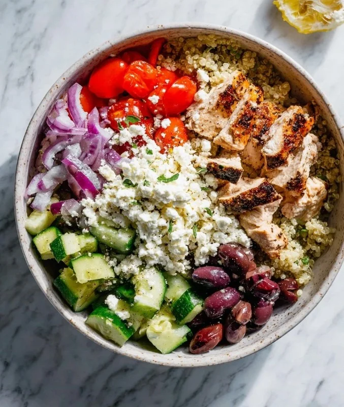 Greek Chicken Quinoa Bowl with fresh vegetables and herbs