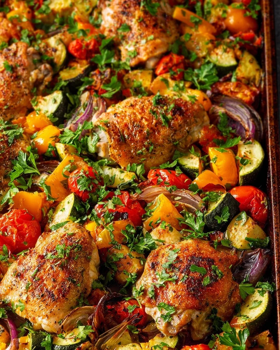 Delicious Greek sheet-pan chicken with vegetables in a colorful presentation.