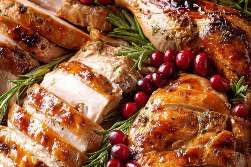 Herb Butter Roast Turkey with herbs and spices for a flavorful holiday meal.