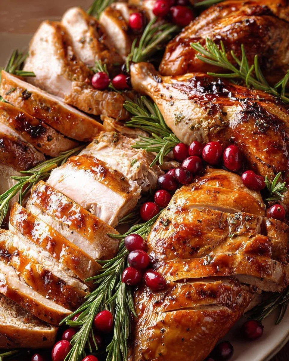 Herb Butter Roast Turkey with herbs and spices for a flavorful holiday meal.