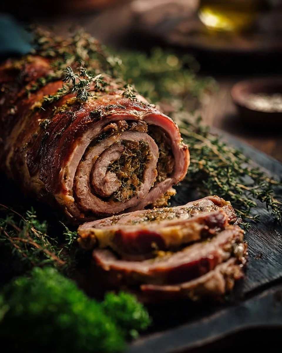 Herb stuffed braised pork roast served on a rustic wooden table