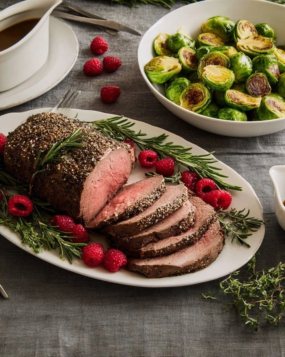Holiday beef tenderloin cooked to perfection, garnished and ready to serve.