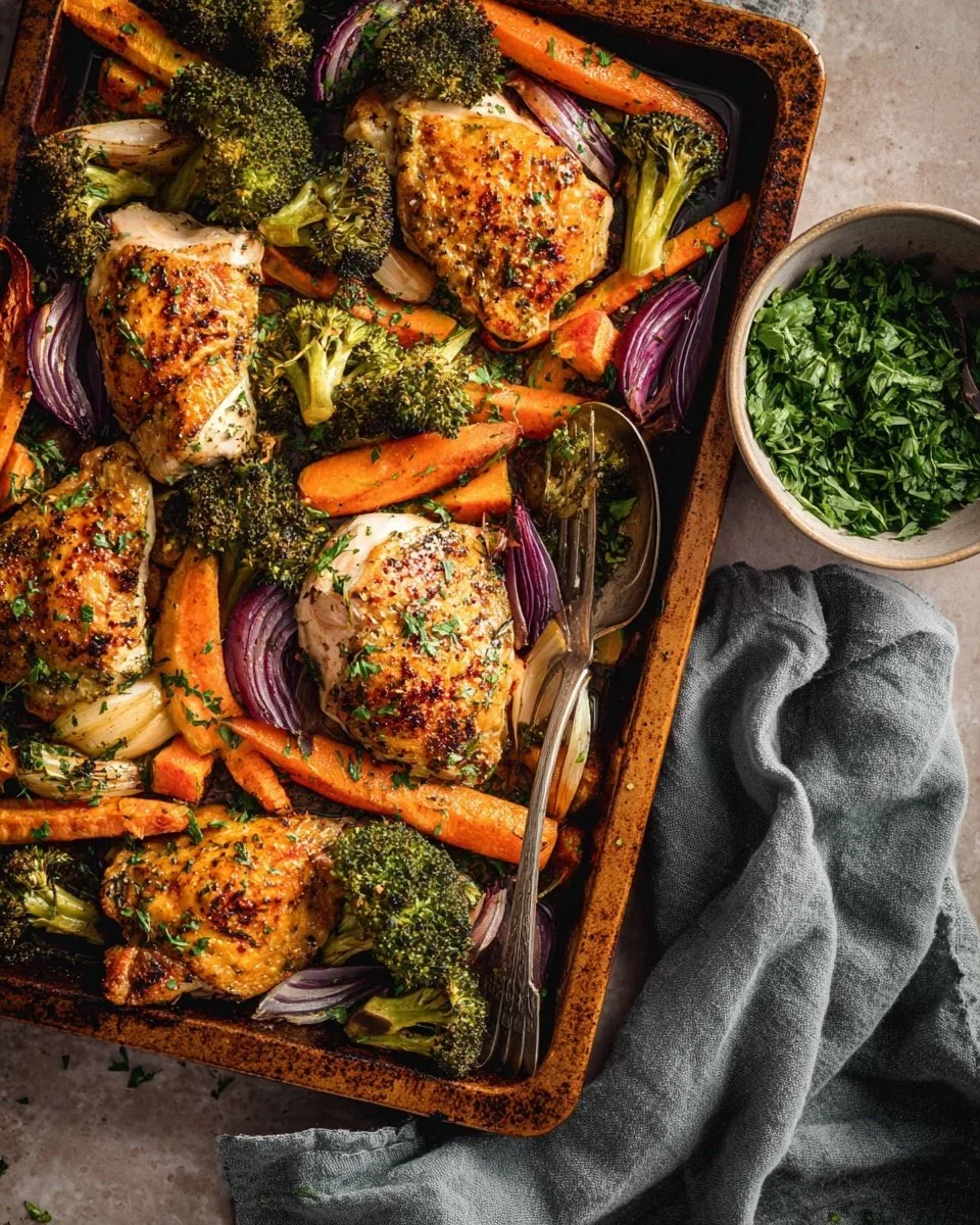 Italian chicken and vegetables sheet pan dinner ready to serve in a colorful mix.
