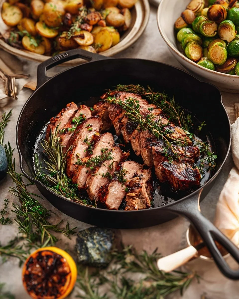 Lemon herb pork tenderloin garnished with fresh herbs on a serving platter.