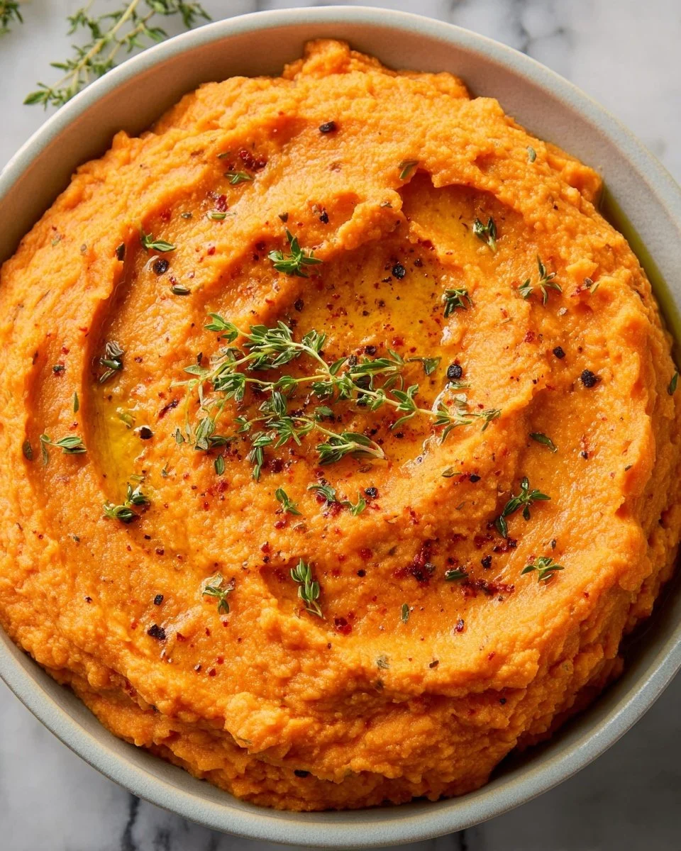Bowl of creamy mashed sweet potatoes topped with butter and herbs
