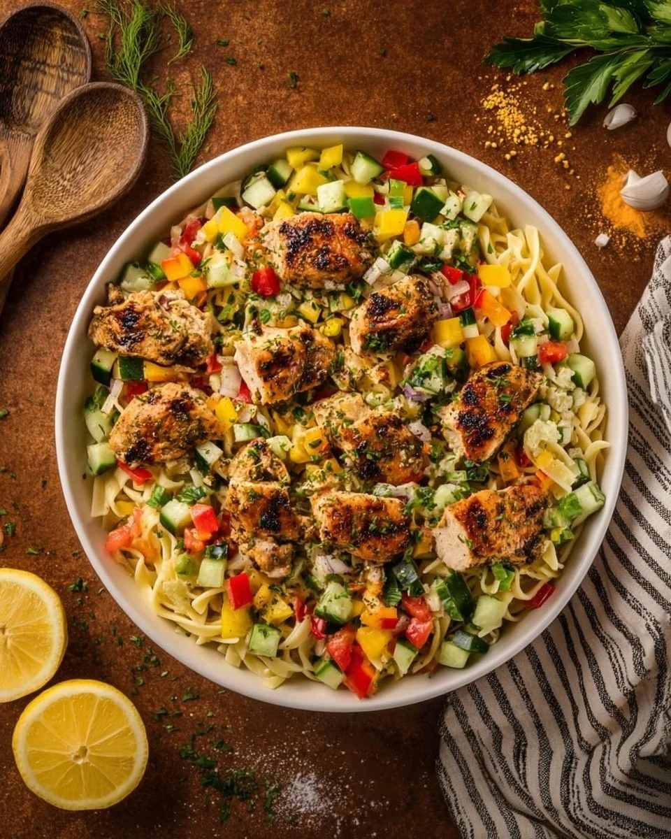 Mediterranean Chicken Orzo Bowls with vegetables and herbs