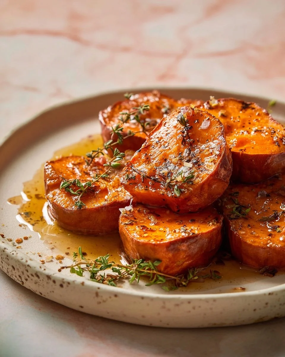 A bowl of melting sweet potatoes topped with herbs and spices.
