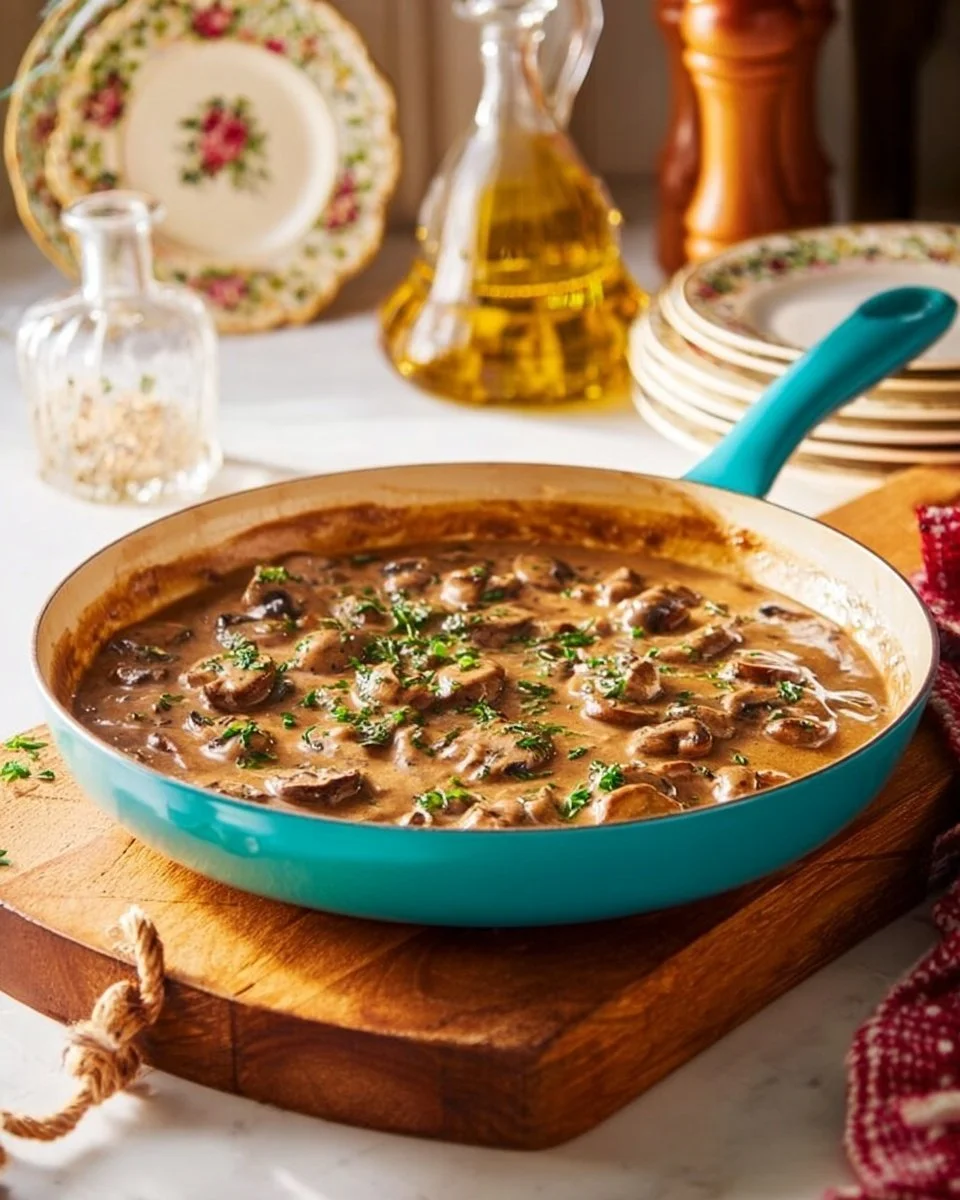 Homemade mushroom gravy served over mashed potatoes