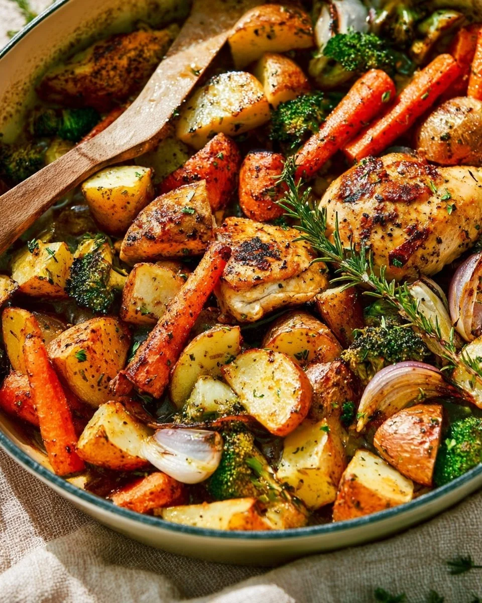 One Pan Roasted Garlic Parmesan Chicken with assorted roasted vegetables