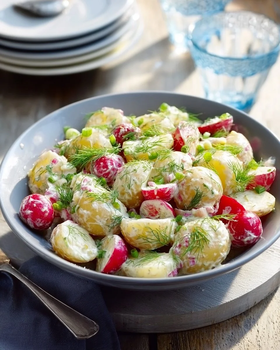 Delicious Pickled Onion Potato Salad served in a bowl with fresh herbs.