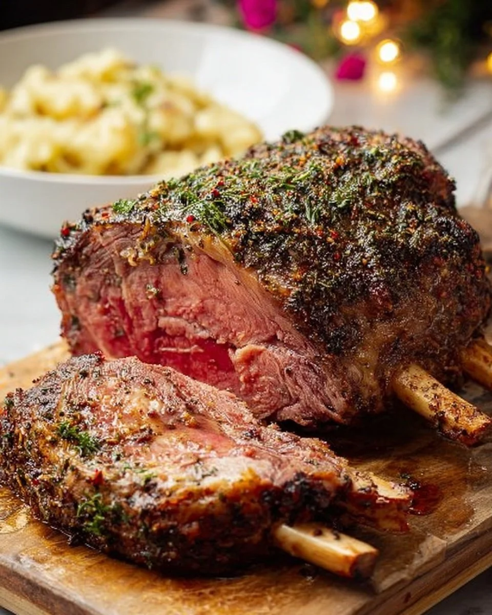Delicious prime rib roast served with sides on a wooden table