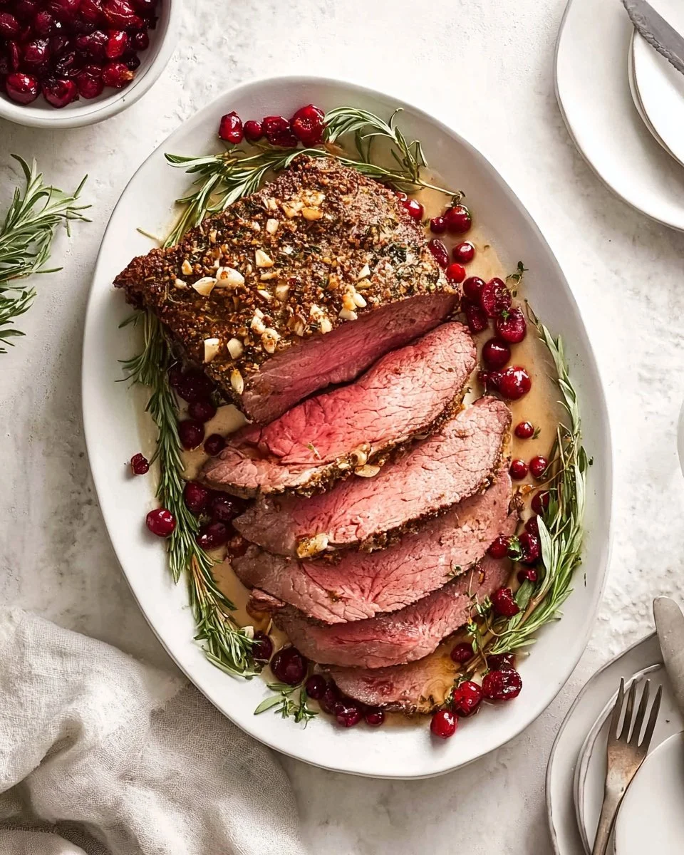 Juicy roast beef served with vegetables on a rustic wooden table.