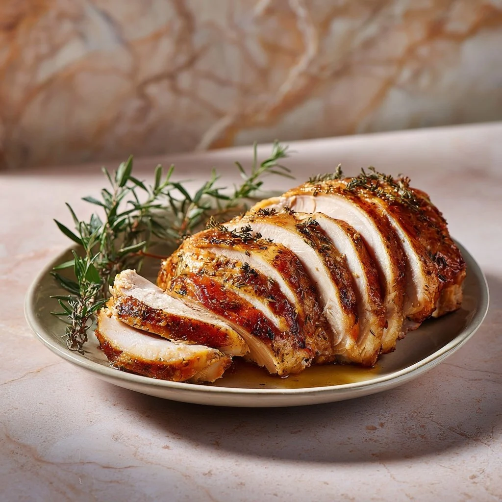 Roasted turkey breast with herbs and spices on a serving platter