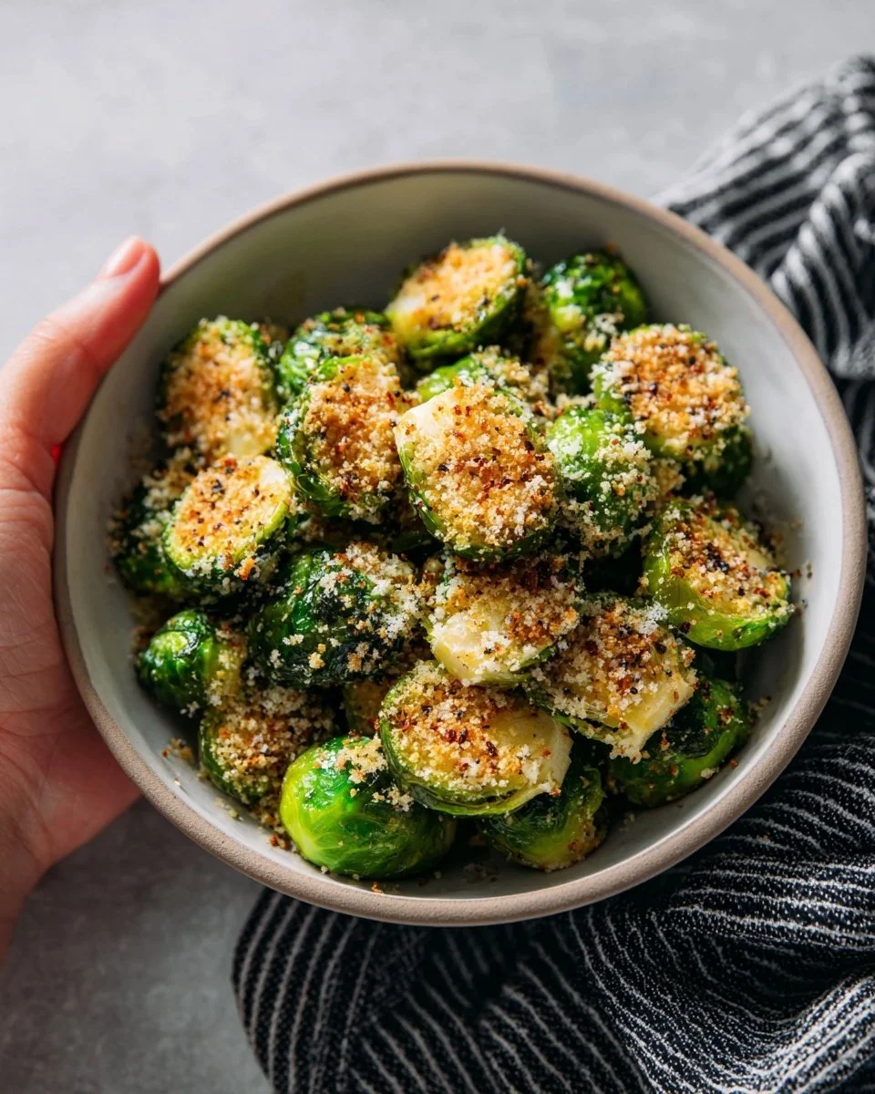 Plate of perfectly roasted Brussels sprouts seasoned to perfection