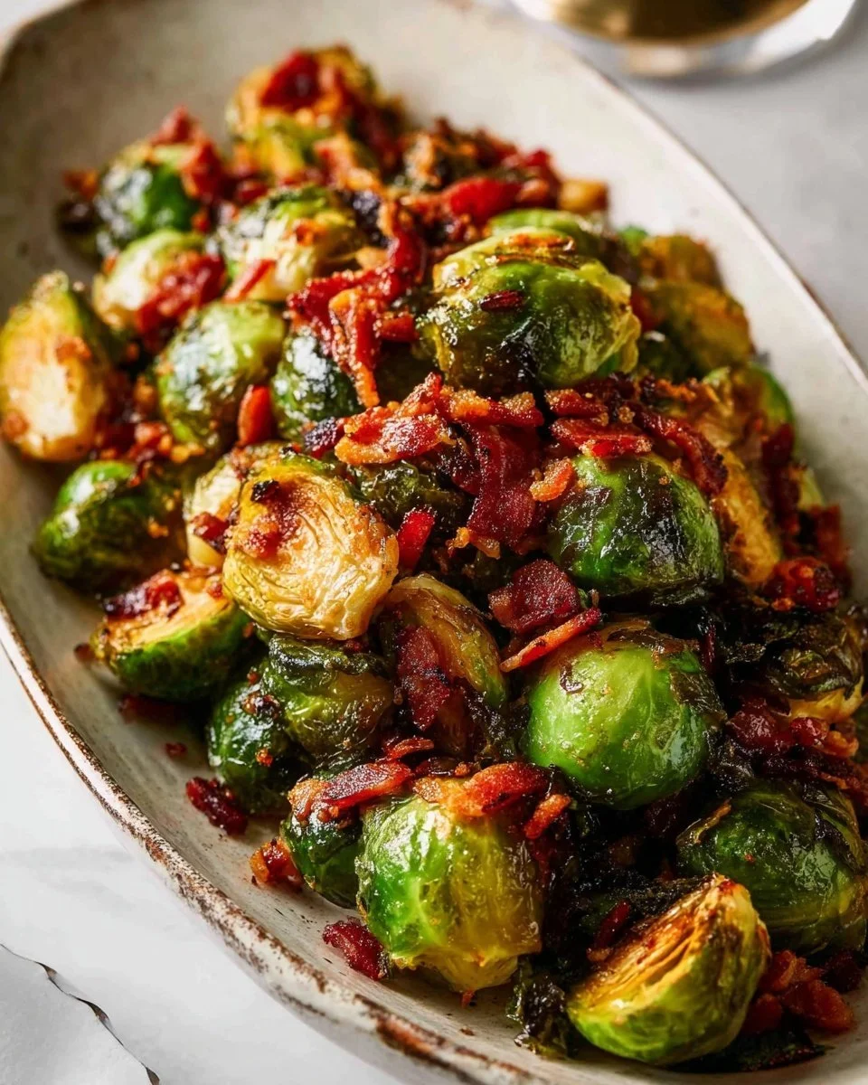 Roasted Brussels sprouts with bacon and balsamic onions in a serving dish